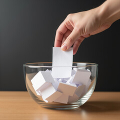 Hand placing paper slip into glass bowl filled with small white cubes, symbolizing decision making or random selection