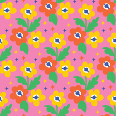 Vector seamless pattern with bright colorful flowers on pink background, Playful floral design in hand-drawn cartoon style, Decorative childlike illustration for textile or wallpaper