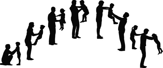 Family silhouette, father with child, mother with kid, parent and child shadow, caring parent figure, raising children concept, happy family silhouette illustration