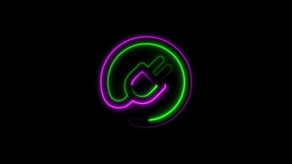 Neon electric plug icon glowing in green and purple on a black background