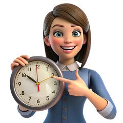 Smiling young woman Jane holding round clock and pointing. 3D illustration of punctuality, time management, scheduling reminders and deadline concept
