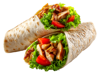  Two chicken shawarma wraps with lettuce and tomato, transparent background