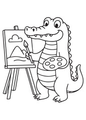 Coloring book crocodile painting on an easel in the garden.