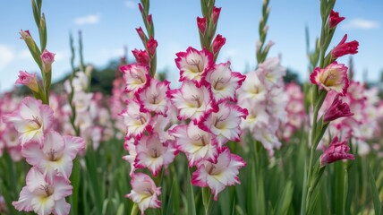 Obraz premium Vertical composition of pink-edged white gladiolus blooms against soft blue sky background