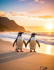Two penguins stand on a beach at sunset, facing each other, holding each other's flippers