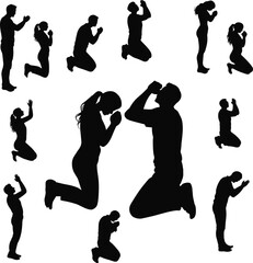 Silhouette of people praying, kneeling in worship and faith, spiritual meditation, religious devotion, emotional hope posture, vector illustration of prayer silhouettes