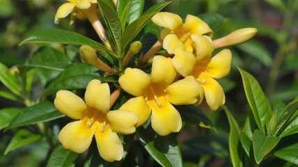 Fototapeta premium Detailed view of vibrant yellow flowering vine with lance-shaped foliage in soft sunlight