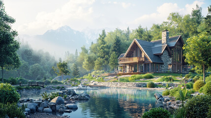 A picturesque wooden cabin nestled in a lush, green forest with a serene lake in the foreground and majestic mountains in the background.