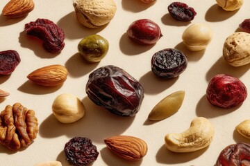 Assorted nuts and dried fruit, various colors and textures