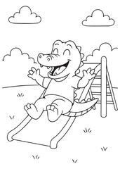 Coloring book baby crocodile sliding down a playground slide.