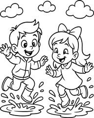 Kids Jumping in Puddles Coloring Page – Fun Rainy Day Activity