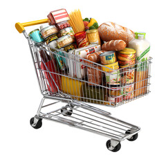  A shopping cart filled with food and goods, isolated on a Transparent background PNG