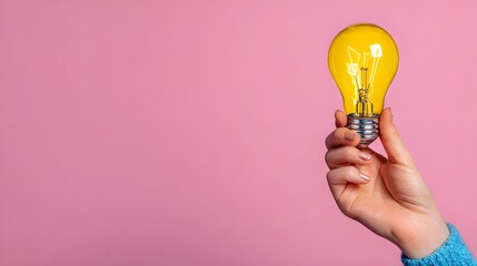 A hand holds a glowing yellow lightbulb against a pink background.