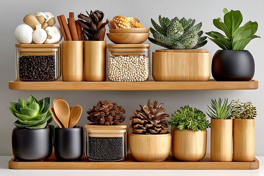 Shelf jars with golden lids high resolution picture - Powered by Adobe