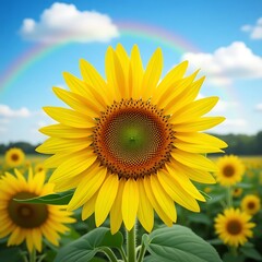 Vibrant Sunflower in a Summer Field with Rainbow