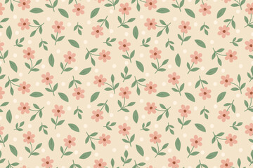 Fototapeta premium Charming seamless floral pattern with pink flowers, green leaves, and white dots on a beige background. Ideal for fabrics, wallpapers, and packaging.