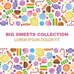 sweets background. childish candies caramel tasty snacks. vector banners.