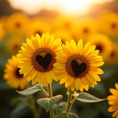 Two sunflowers with heart-shaped centers at sunset