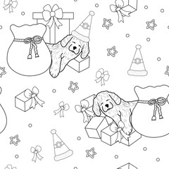 Seamless pattern with a dog in a hat, gifts and bows. Coloring book for children.