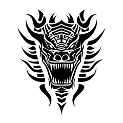 Fierce tribal dragon head vector illustration. A powerful fantasy beast mascot design, ideal for an SVG tattoo logo.