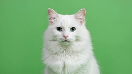 Majestic White Cat Portrait on Green Screen Studio Shot.