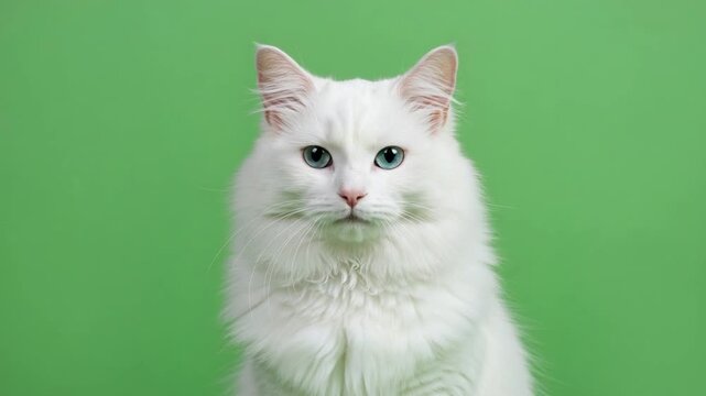 Majestic White Cat Portrait on Green Screen Studio Shot.