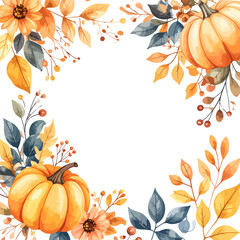Elegant watercolor autumn border with pumpkins, flowers, and foliage in warm orange and cool blue tones.
