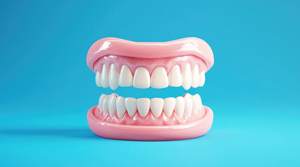Fototapeta premium A pink and white dental model with teeth and gums on a blue background.
