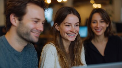Fototapeta premium Shared smiles of friends: A trio of friends are seen, their faces illuminated by the light of a screen and the warmth of a shared moment.