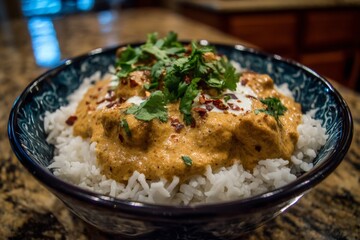 Delicious curry dish served over fluffy white rice garnished with fresh herbs