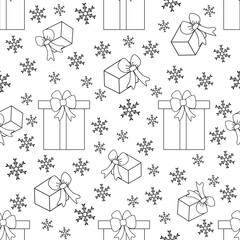 Seamless pattern with gift boxes and snowflakes. Christmas and New Year background. Design for wrapping, fabric, print.