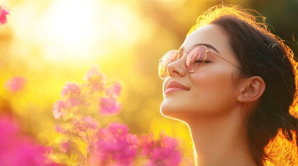 Fototapeta premium A woman with long, dark hair, wearing sunglasses, standing in a field of pink flowers with a golden sunset in the background.