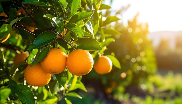 Sunlit orange grove with ripe fruit ready for harvest creating vibrant scene