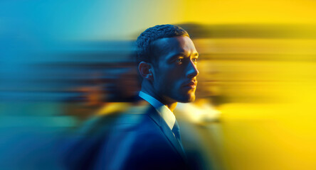 Confident businessman in suit framed by vivid blue-yellow motion blur and sweeping neon lines