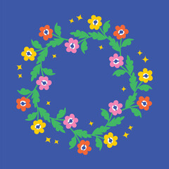 Vector illustration of a colorful floral wreath in doodle cartoon style, Hand-drawn bright flowers arranged in a circle on blue background, Decorative childlike nature design