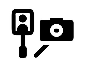 A minimalist flat icon set of a digital camera on a selfie stick and a portrait reflection