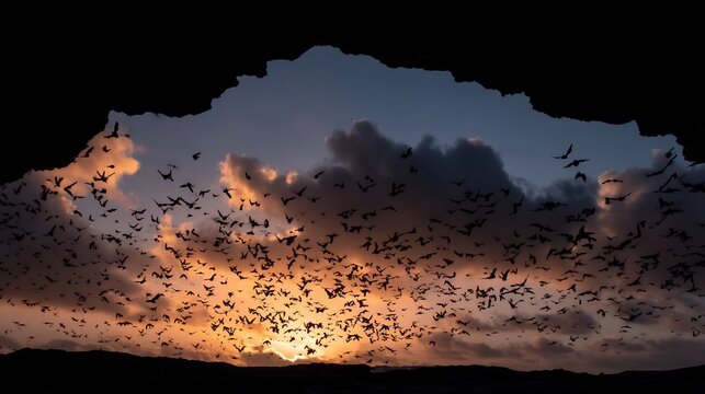 Bats Sunset Flight Cave Silhouette Wildlife.