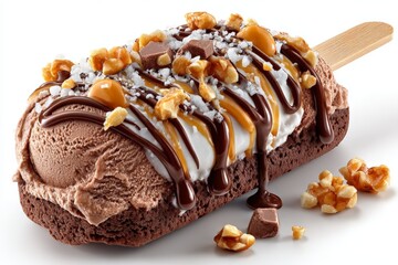 Enjoying a delicious ice cream dessert topped with nuts and chocolate drizzle in a vibrant setting