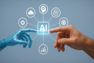 Robotic hand and human hand reaching towards each other with AI icon in center, surrounded by technology related icons