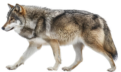 Fototapeta premium Side view of a wolf walking, full-body side profile, on a white background