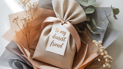 Gift for a dearest friend with flowers and a tag, wrapped in pastel paper, elegant and minimal