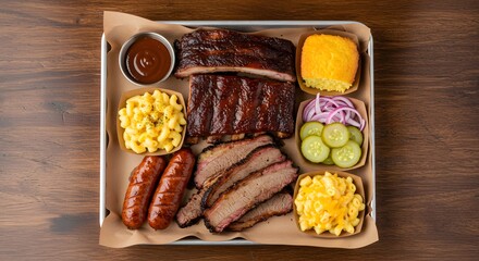 BBQ Platter: Ribs, Brisket, Sausage, Cornbread, Mac and Cheese, Pickles, and Onions