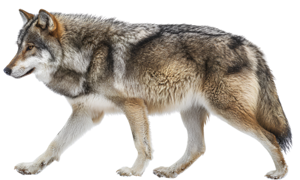  Side view of a wolf walking, full-body side profile, on a white background