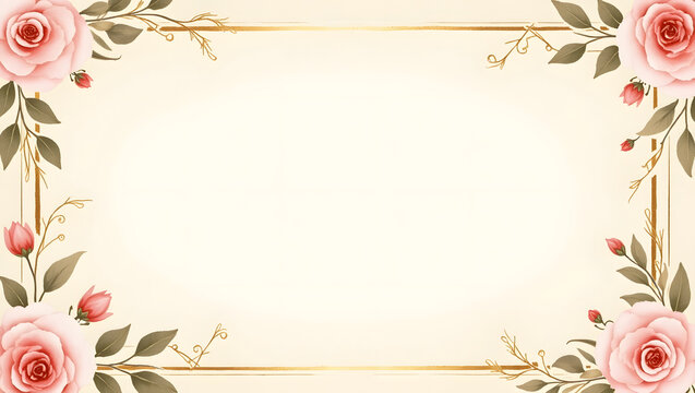 Elegant floral frame with delicate watercolor pink roses and golden branches on a cream background.
