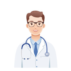 Smiling cartoon doctor with glasses and stethoscope wearing a white coat.