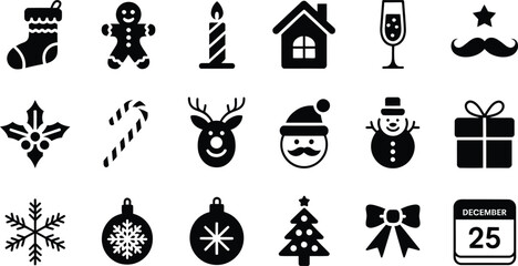 Festive Christmas icons collection featuring Santa, Christmas tree, stocking, and reindeer for holiday celebration