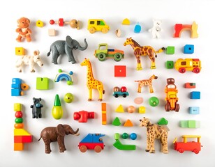 Obraz premium Colorful children's toys arranged on a white surface