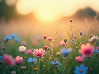 A tranquil meadow of colorful wildflowers illuminated by the soft, hazy light of a sunrise. A beautiful and serene floral landscape with a dreamy, atmospheric quality