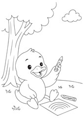 coloring book duck drawing with crayons on the grass.
