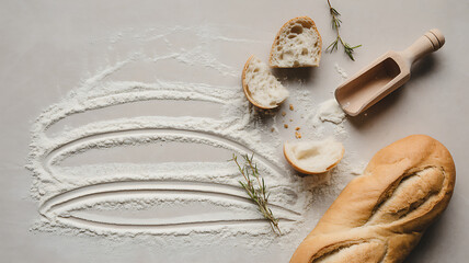 Overhead shot of bread, flour, and rosemary on a table for baking and culinary creations